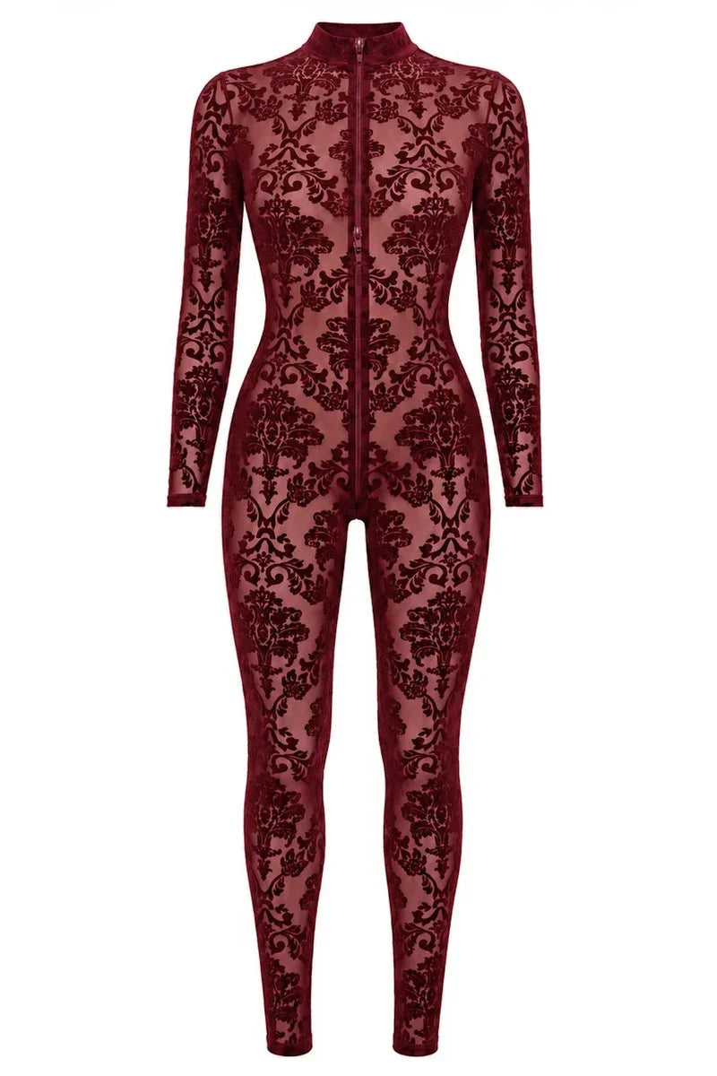 Bordeauxroter Netz-Catsuit F421