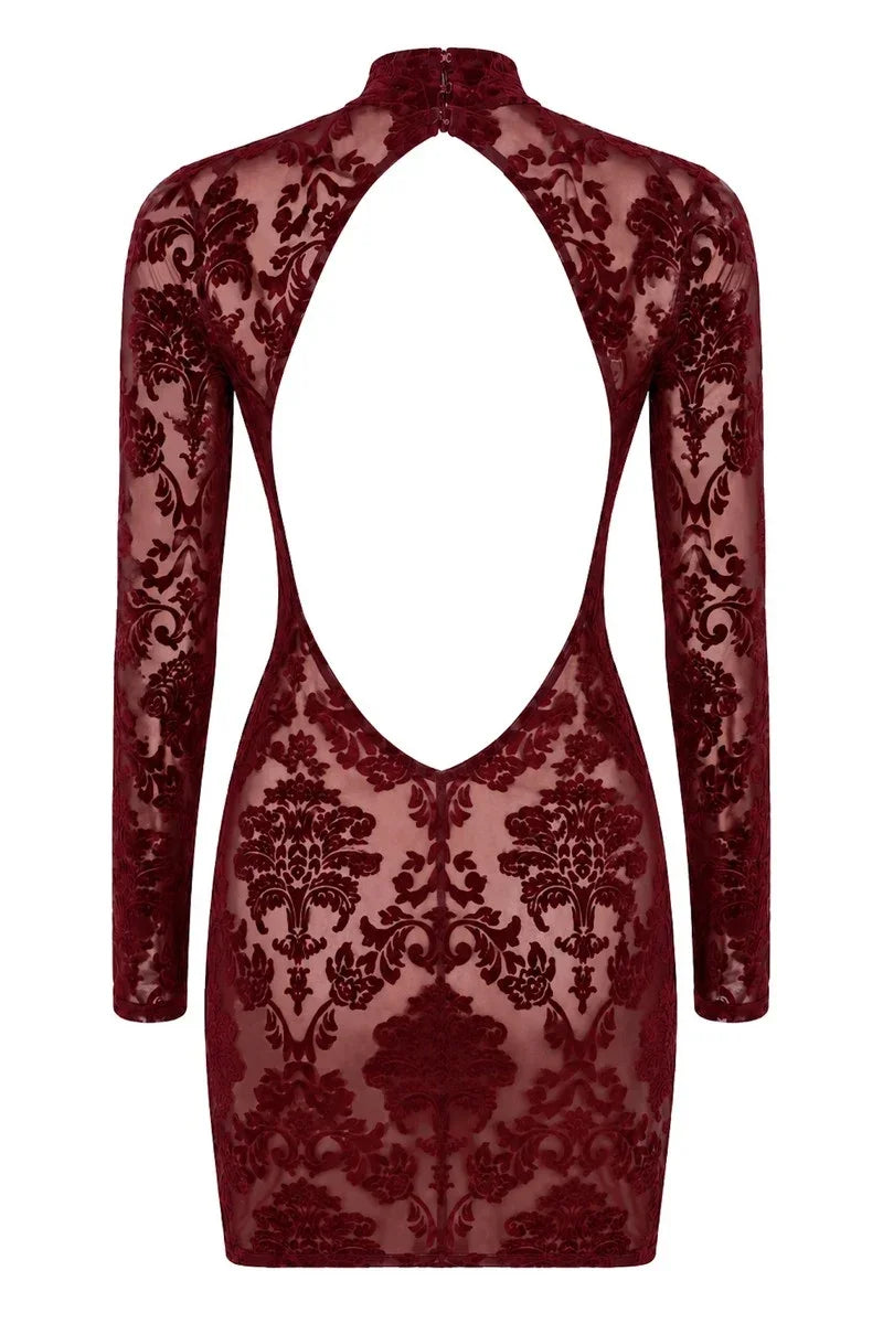 Bordeauxrotes rückenfreies Minikleid F423