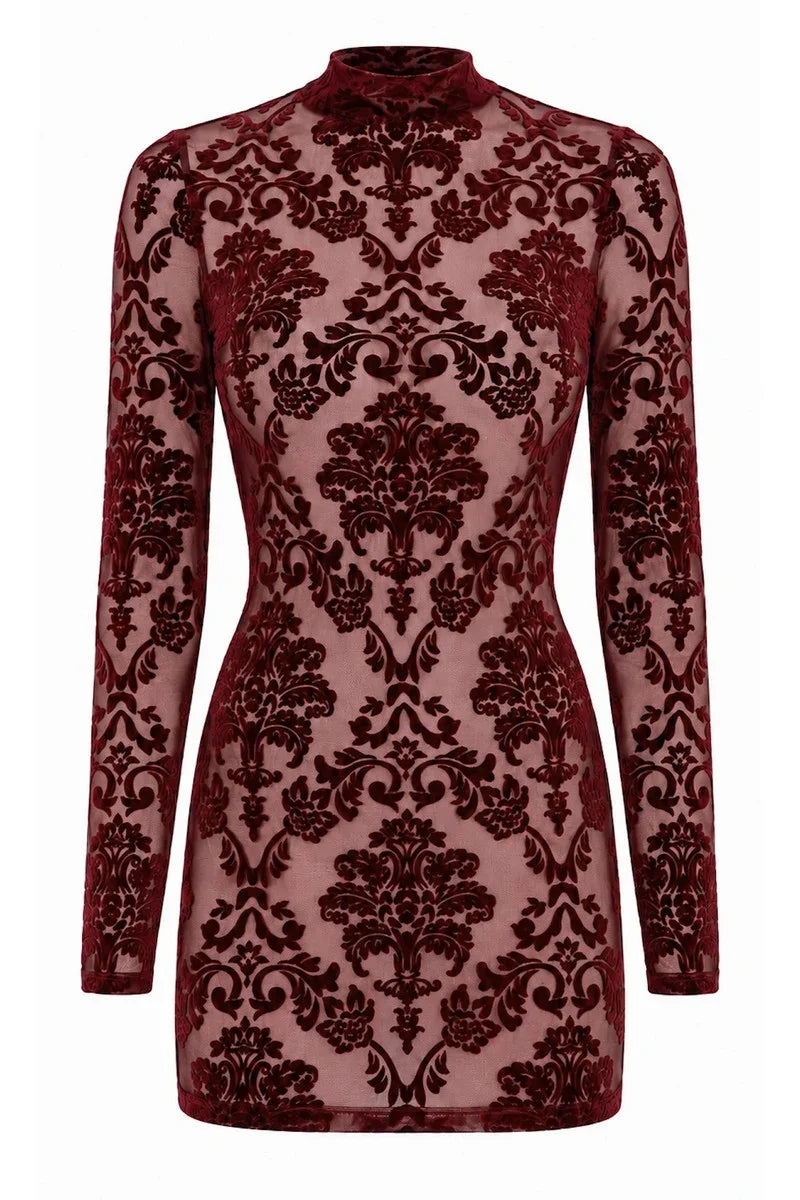 Bordeauxrotes rückenfreies Minikleid F423