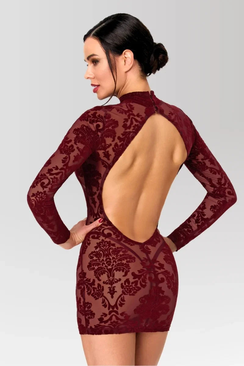 Bordeauxrotes rückenfreies Minikleid F423