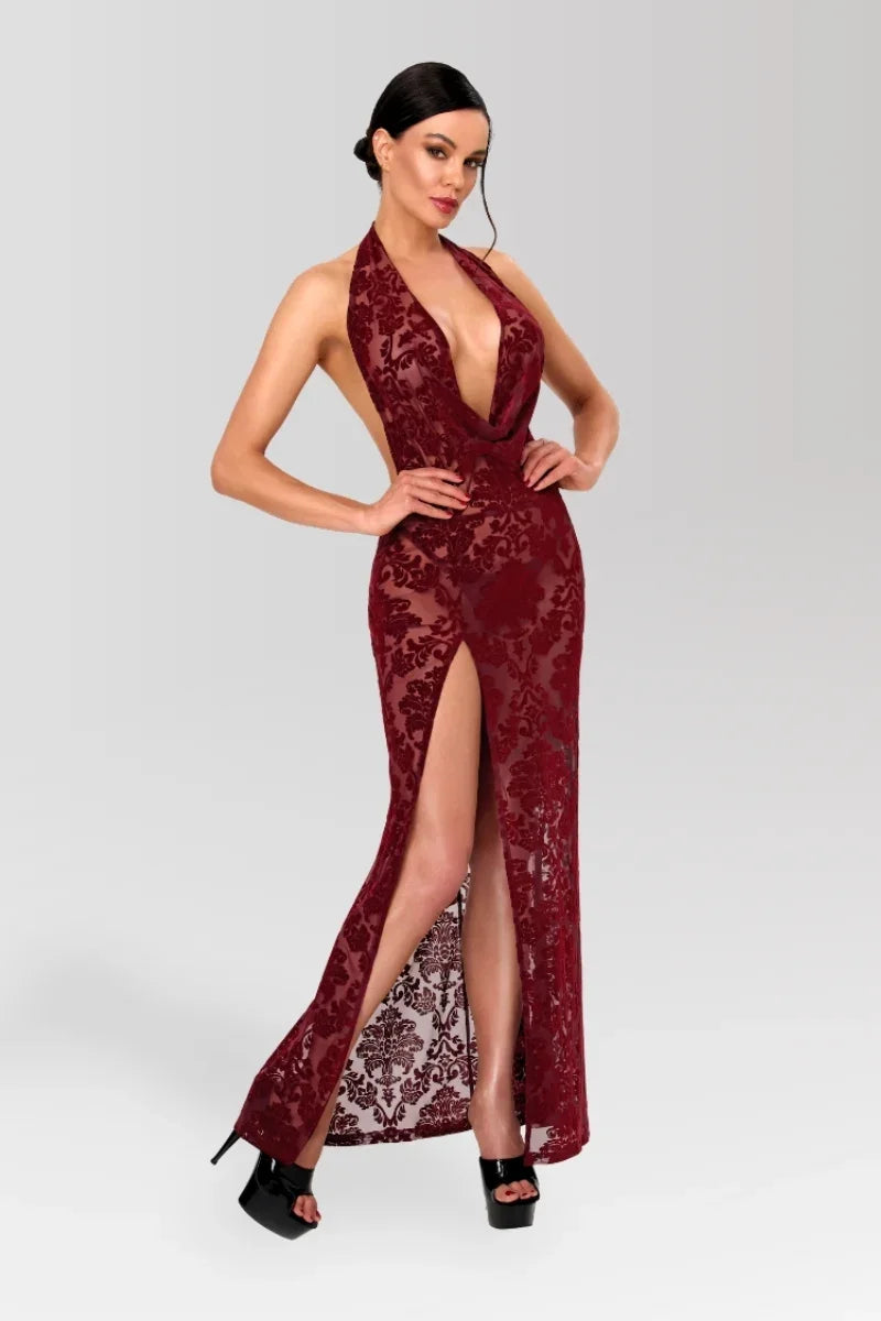 Bordeauxrotes Netz-Maxikleid F424