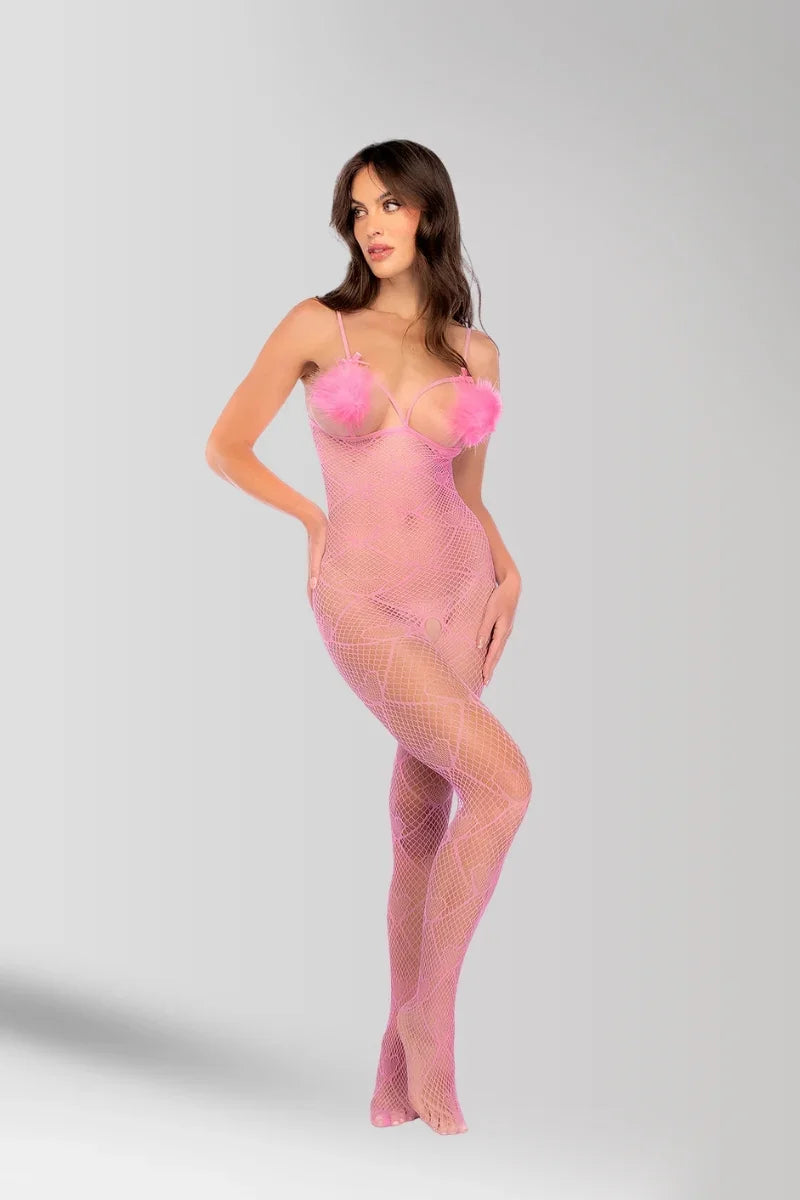 Rosa Netz- und Pompon-Jumpsuit