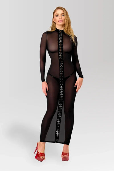 Schwarzes Schnür-Maxikleid F410