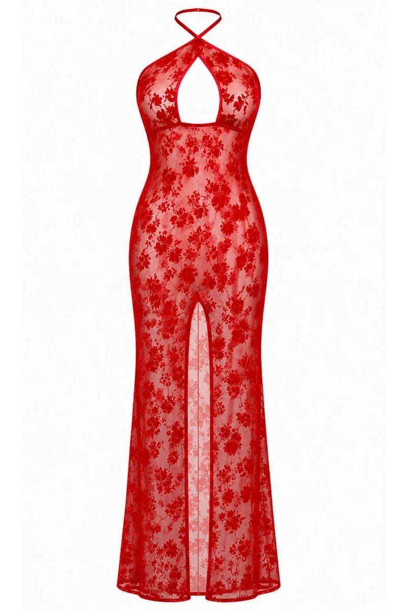 Rotes Netz-Maxikleid F418