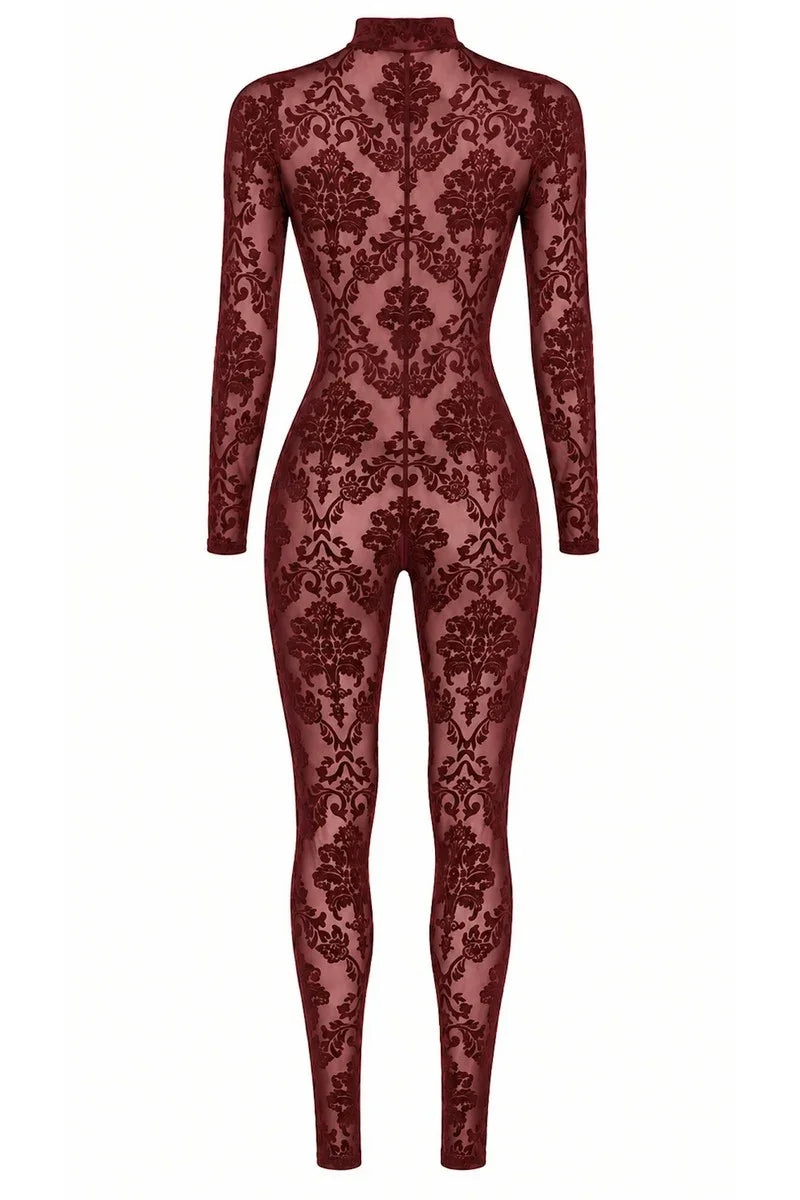 Bordeauxroter Netz-Catsuit F421