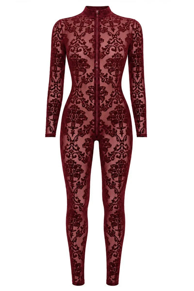 Bordeauxroter Netz-Catsuit F421