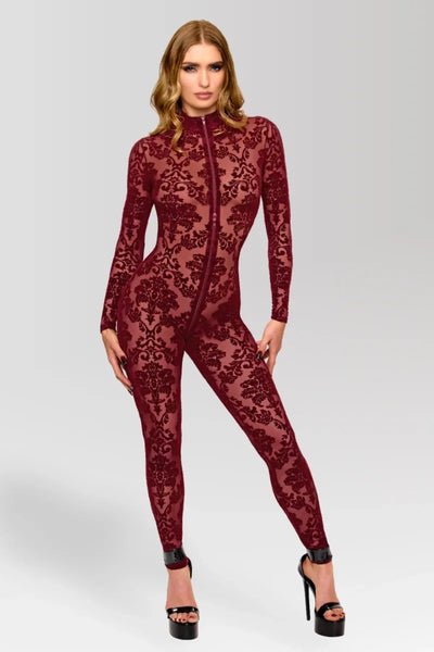 Bordeauxroter Netz-Catsuit F421