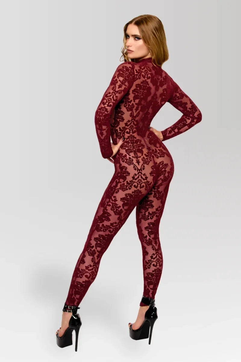 Bordeauxroter Netz-Catsuit F421
