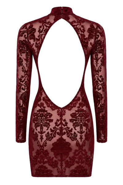 Bordeauxrotes rückenfreies Minikleid F423