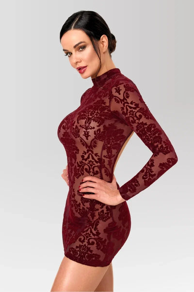 Bordeauxrotes rückenfreies Minikleid F423