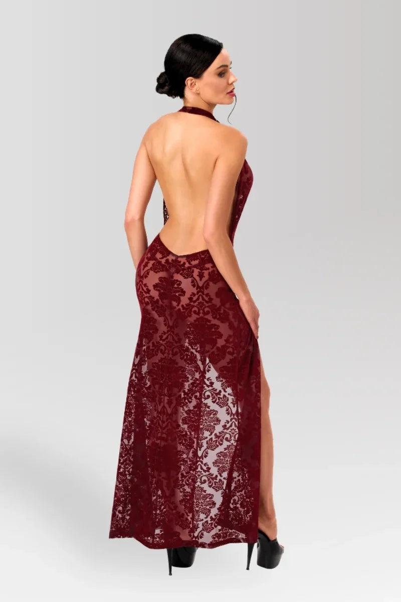 Bordeauxrotes Netz-Maxikleid F424