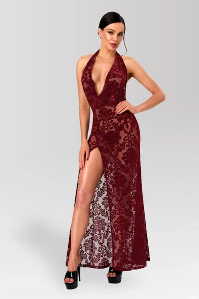 Bordeauxrotes Netz-Maxikleid F424