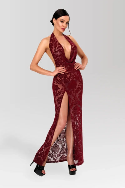 Bordeauxrotes Netz-Maxikleid F424