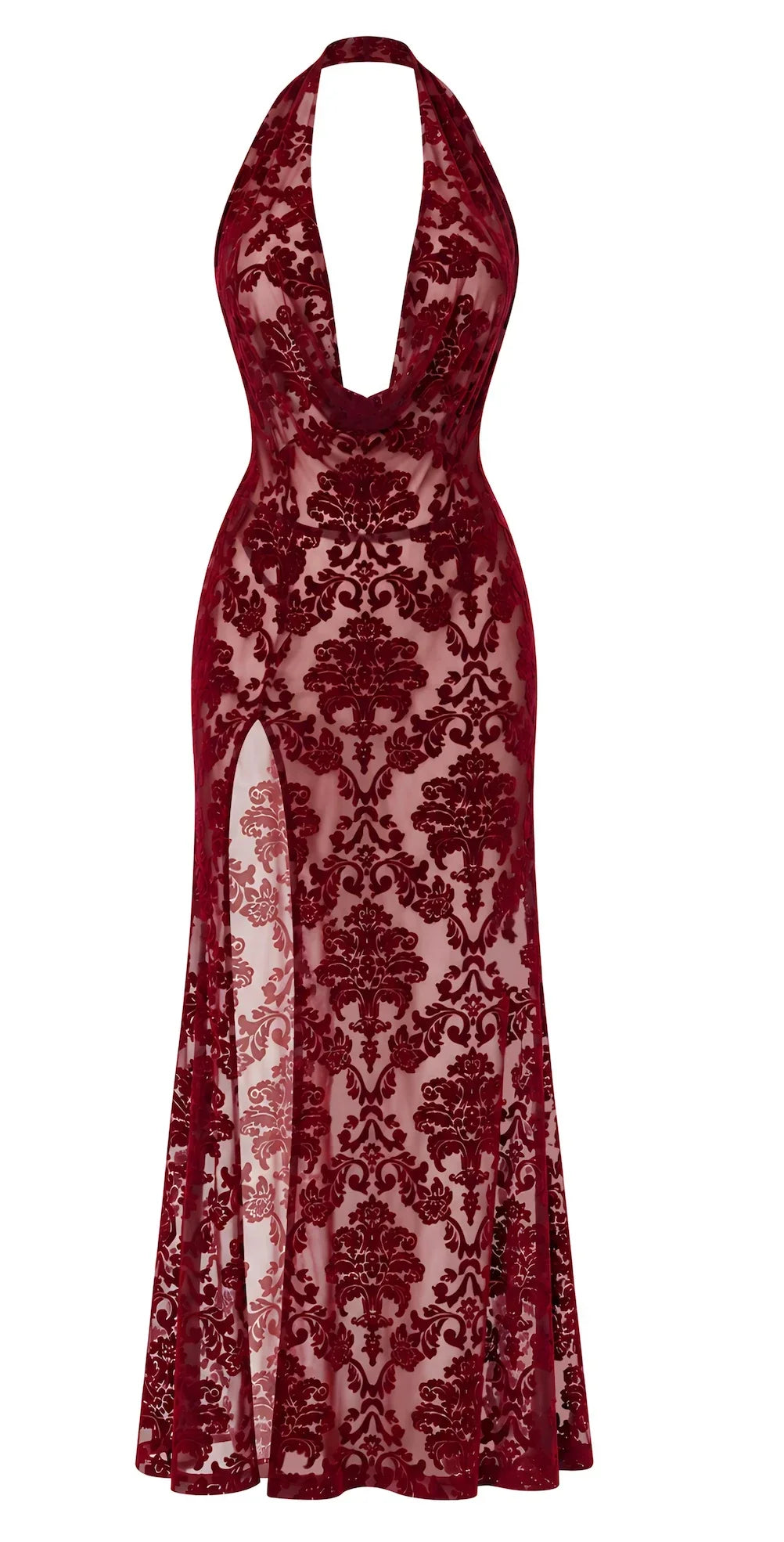 Bordeauxrotes Netz-Maxikleid F424