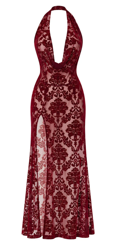 Bordeauxrotes Netz-Maxikleid F424