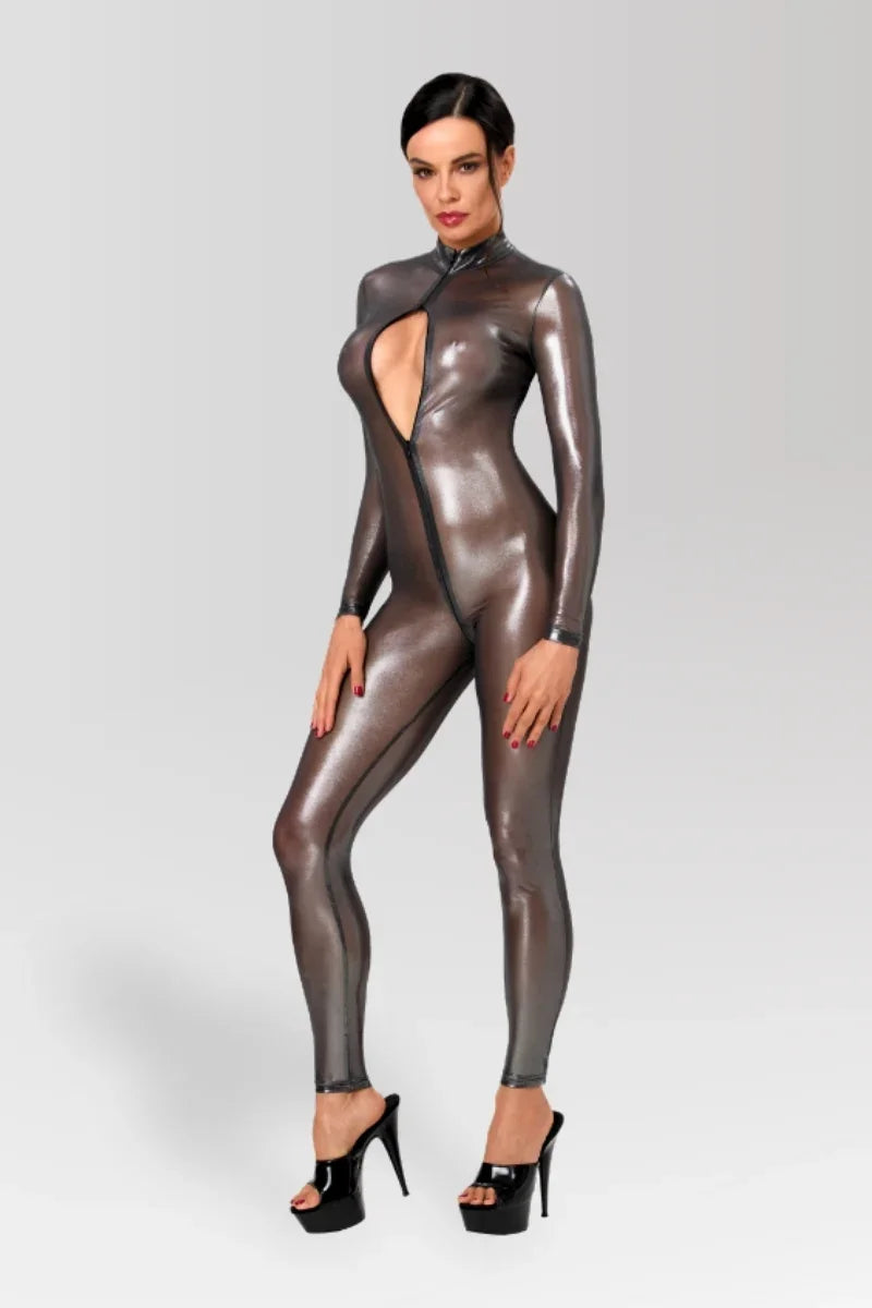 Silberner Metallic-Catsuit F429