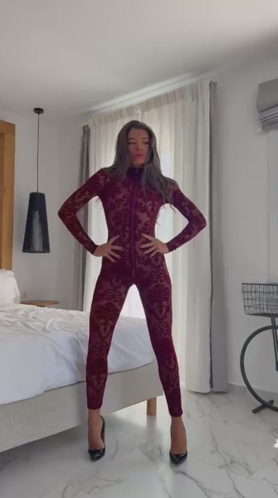 Bordeauxroter Netz-Catsuit F421