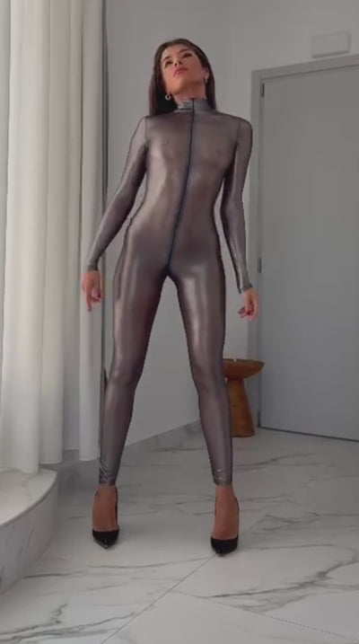Silberner Metallic-Catsuit F429